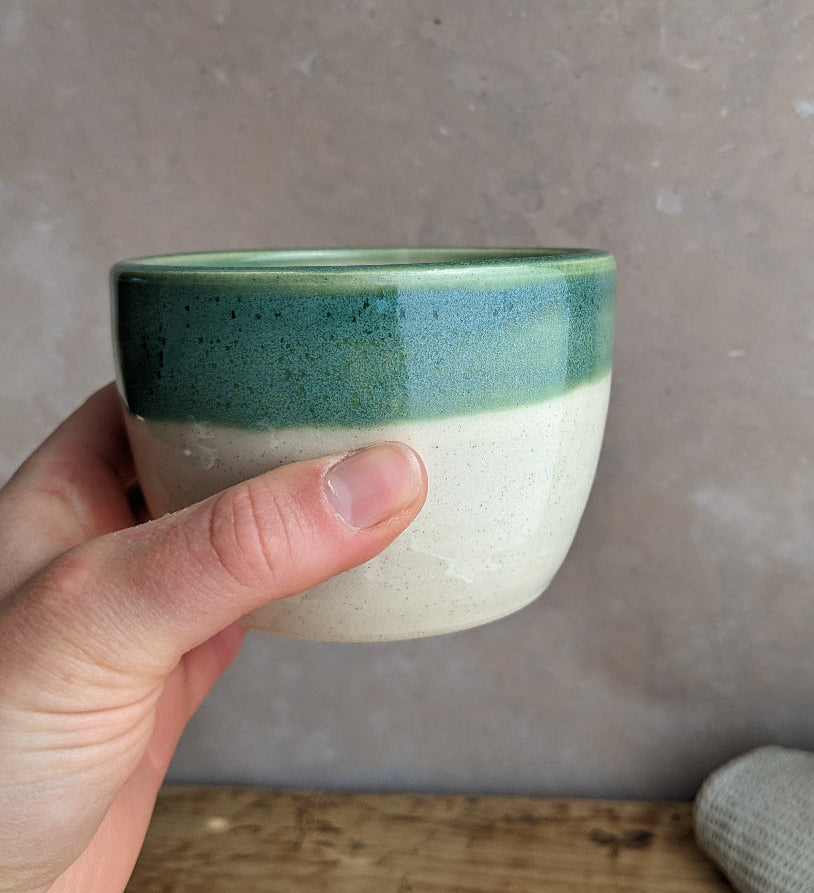 SAMPLE white and turquoise coffee cup 300ml