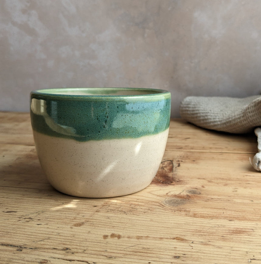 SAMPLE white and turquoise coffee cup 300ml