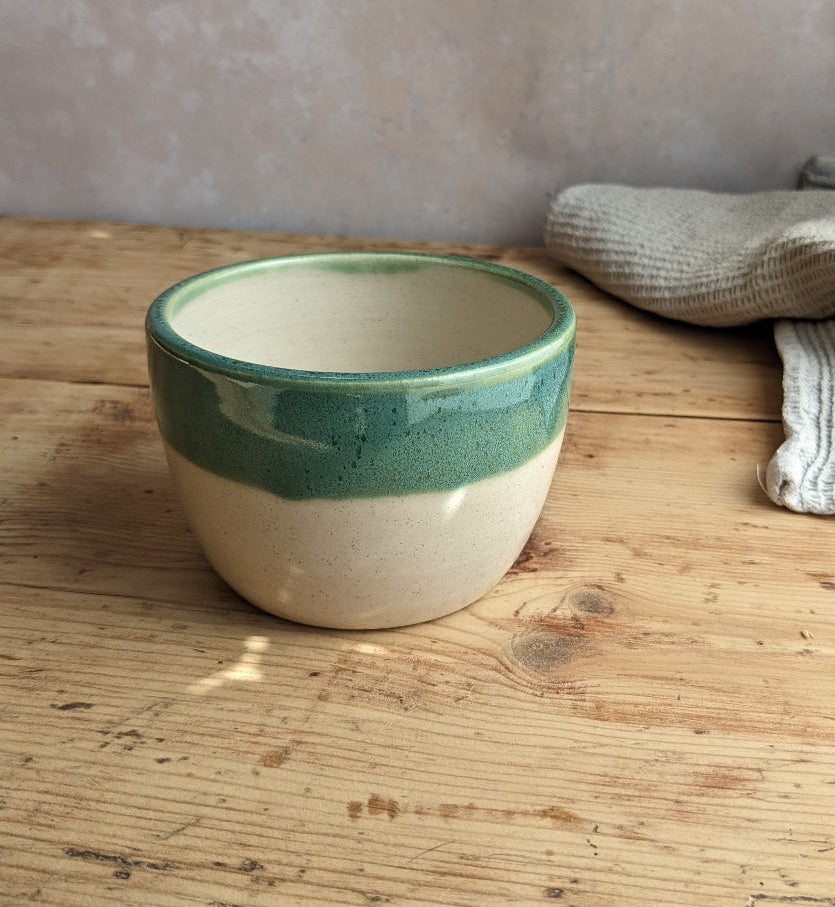 SAMPLE white and turquoise coffee cup 300ml