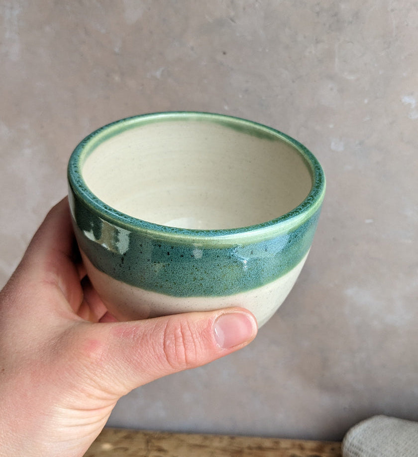 SAMPLE white and turquoise coffee cup 300ml