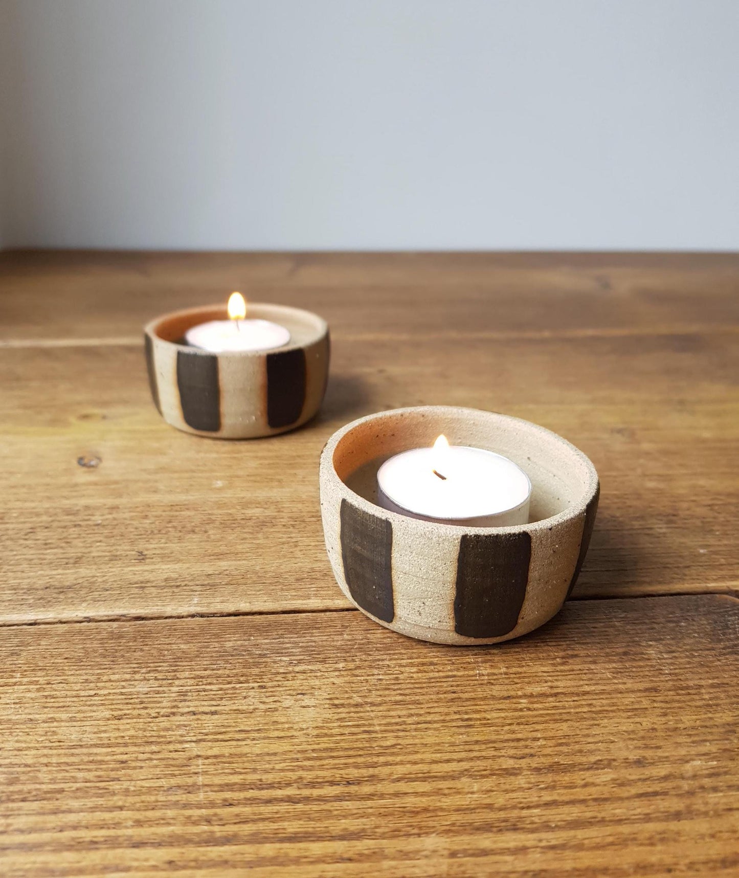 SET of 2 black striped tealight holders