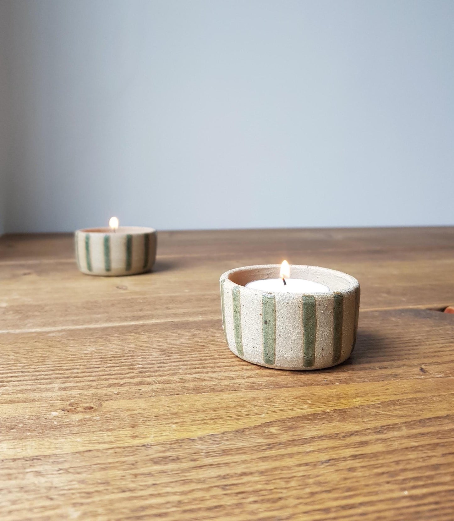 SET of 2 green striped tealight holders