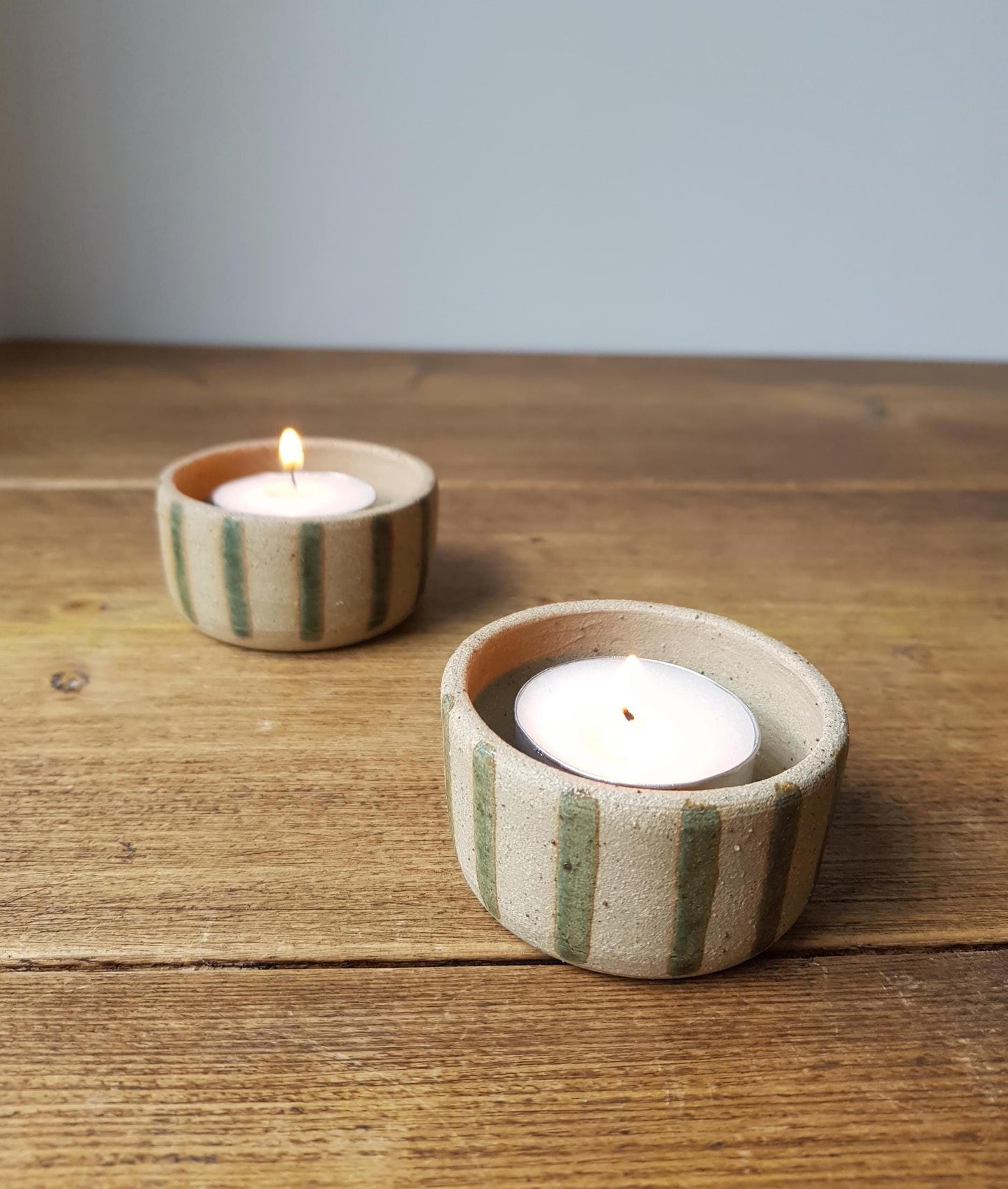 SET of 2 green striped tealight holders