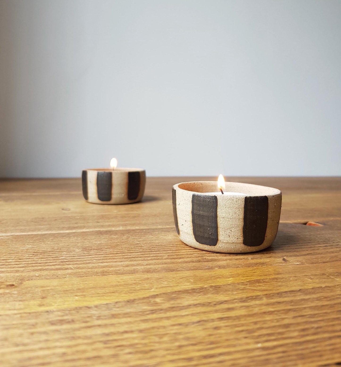 SET of 2 black striped tealight holders